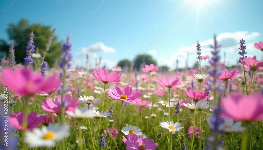 Obraz premium Bright sun shines on pink and white cosmos flowers in green meadow under clear blue sky. Lavender stalks add touches of purple among blooms. Lush trees are seen in distance on summer day.
