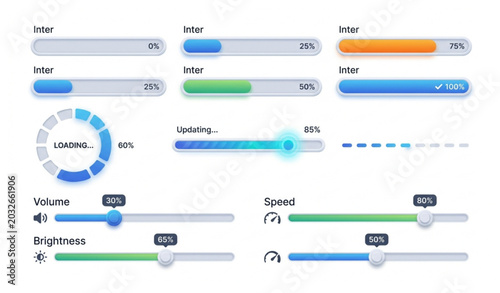 Schilderij op canvas 3D loading bar and slider UI element vector illustration isolated interface desi