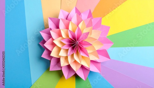 Handmade Origami Paper Flower on Vibrant Rainbow Spectrum Background; Artistic Flatlay and Minimalist Floral Craft Concept in Overhead Top View Presentation for Creative Design