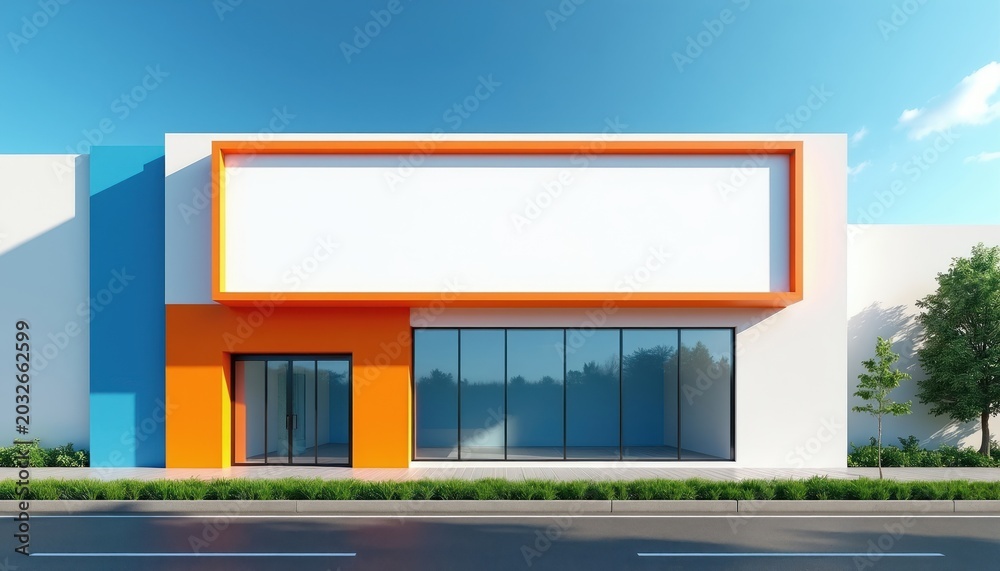 Obraz premium Modern storefront exterior with empty billboard space. Orange and blue facade. Large glass windows and door. Street view with green grass and trees. Clear sky backdrop, ready for branding.