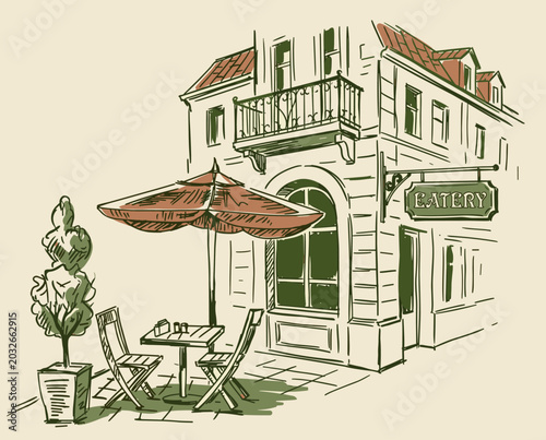 Photos Outdoor cafe sketch, european eatery, vintage architecture, sidewalk restaurant