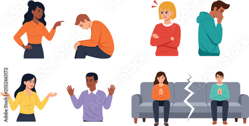 Bild auf Leinwand Relationship Conflict Vector Set with Unhappy Couples Family Arguments Divorce B