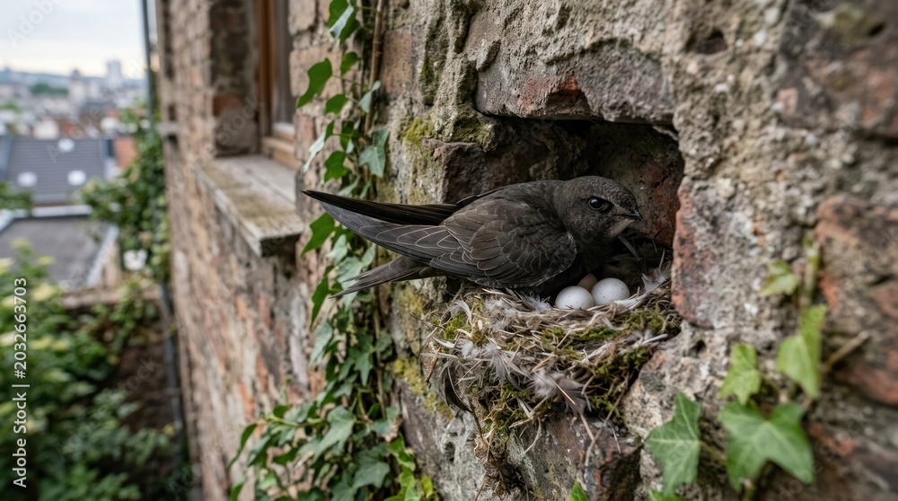 Fototapeta premium A blackbird with eggs in a nest on a stone wall.