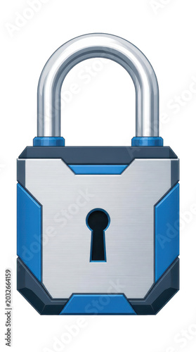 Modern geometric steel padlock rendered in flat vector art style, an isolated graphic illustration for professional security concepts and digital protection, featuring a sleek metallic design.