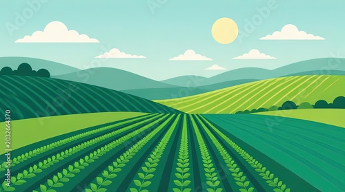 Widescreen panoramic view over the undulating terrain of abstract farmland hills, featuring vibrant green crop rows under a soft sunlit sky, perfect for nature banners and countryside backgrounds.