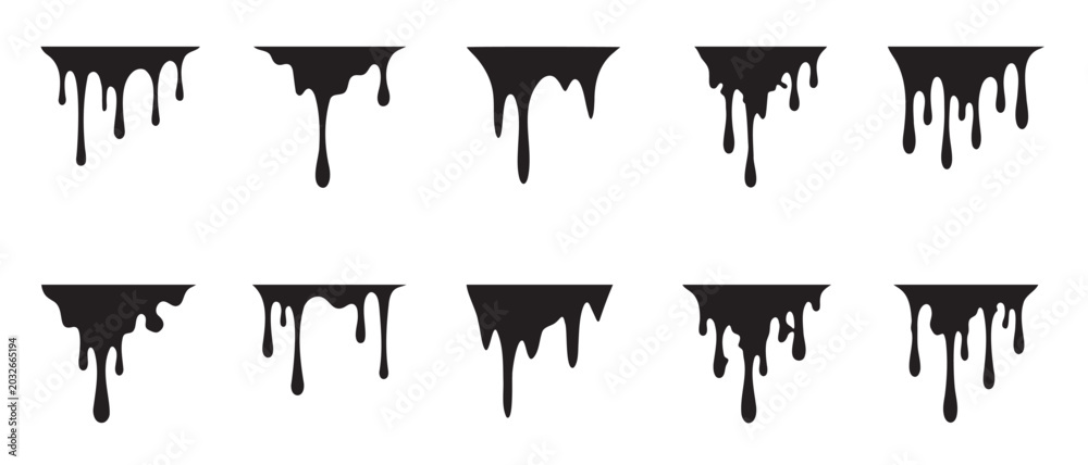 Obraz premium Black ink drip set. Messy paint splashes and flowing liquid stain elements. Professional vector design pack.