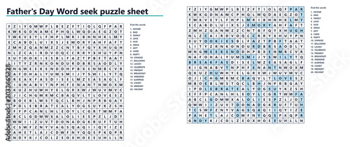 Father's Day Word seek puzzle sheet with highlighted words  