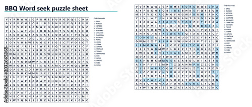 Photography BBQ Word search puzzle sheet with highlighted words
