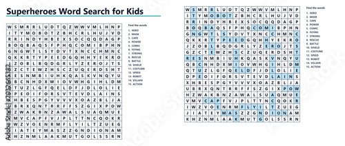 Superheroes Word search puzzle for kids with highlighted words  
