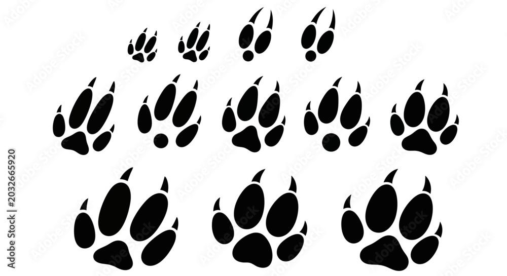 Fototapeta premium Black bear paw prints, animal footprints, wildlife icons, vector set of 16