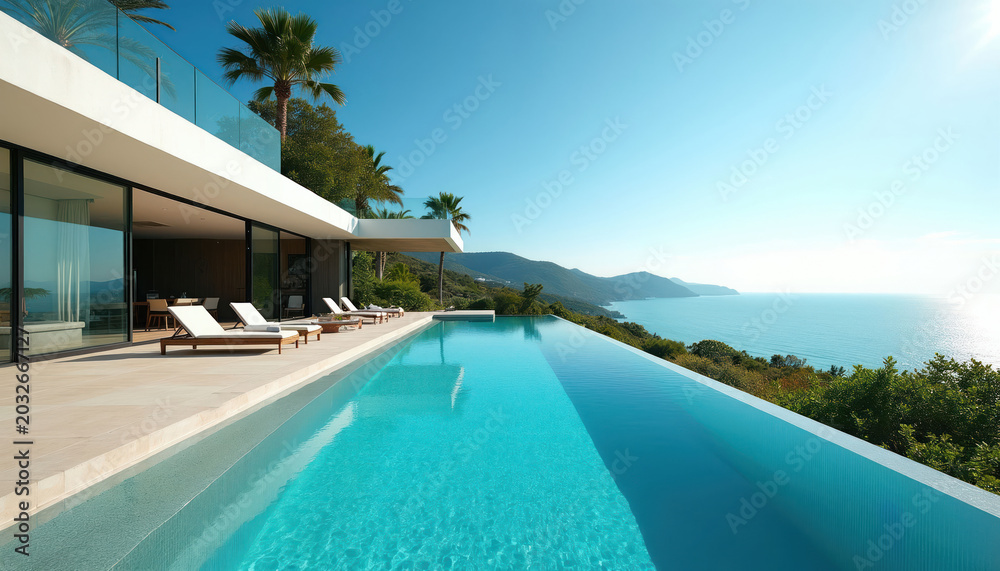Fototapeta premium Modern home with infinity pool overlooking ocean. Lounge chairs on deck, palm trees, clear blue sky. Luxury villa on coastal hillside offers serene relaxation and beautiful sea views.
