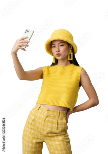 Young east asian woman in lemon-yellow ensemble and bucket hat makes a duck face with a smartphone, posing for a selfie in a minimalist studio, embodying trendy gen-z self-expression