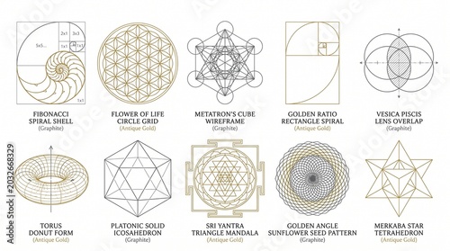 Sacred Geometry Golden Ratio Fibonacci Spiral Math Art Vector Set