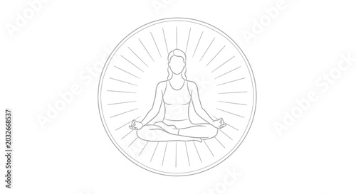 Tableau sur toile Woman Meditating in Lotus Pose within Sunburst Circle - Minimalist Line Art