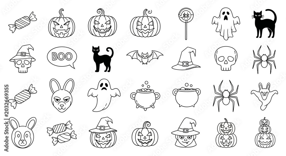 Fototapeta premium Halloween icons, black and white, 25 line art symbols, spooky illustrations, vector graphics