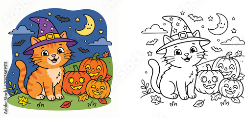 Halloween coloring book page and colored illustration of a cute cartoon cat wearing a witch hat next to jack-o-lantern pumpkins for kids activity