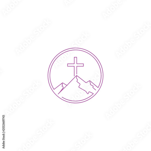 Fotografi Simple line art cross on mountain peak icon in circle, religious symbol vector g