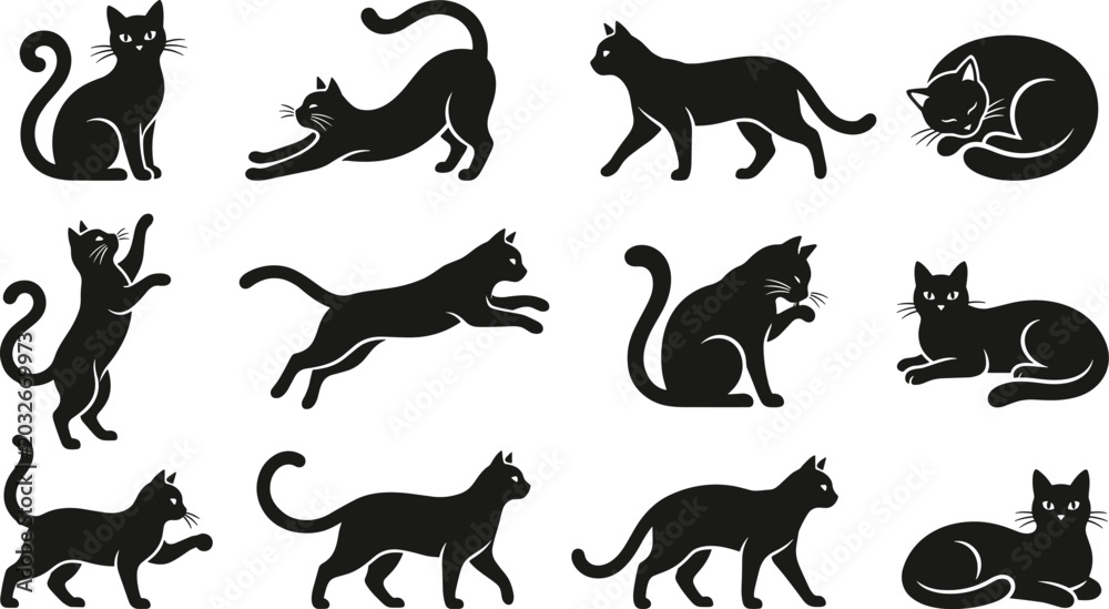 Fototapeta premium Black Cat Silhouette Vector Icon Set Featuring Various Feline Poses Like Sitting, Stretching, Jumping, Walking, Sleeping, and Grooming for Halloween Designs