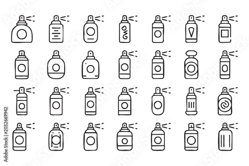 Foto Cleaning spray and cosmetic bottle outline icons for household, hygiene and prod