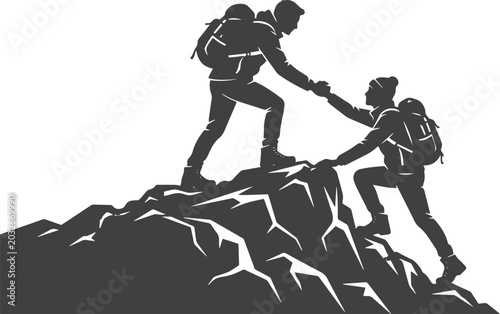 Tableau sur toile Hikers helping each other ascend rocky mountain peak silhouette