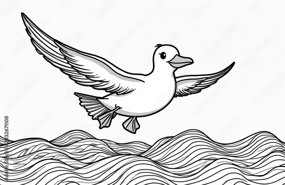 Fototapeta premium Cute albatross illustration flies over wavy ocean. Simple outline drawing for kids coloring. Bird with open wings and smiling face over sea water waves.