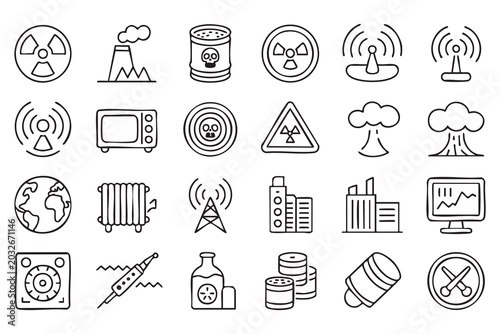 Nuclear safety icon collection with radiation signs, detectors, barrels, factory emissions and alerts