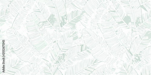 seamless tropical banana leaf pattern with delicate mint green line work on white background