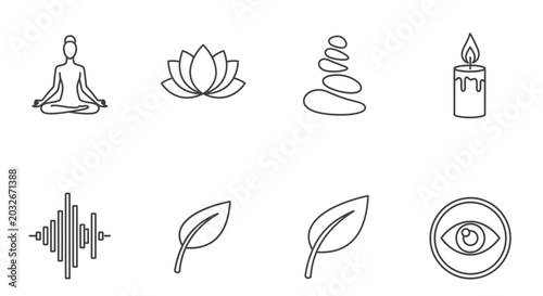 Canvas Print Zen Icons: Meditation, Lotus, Stones, Candle, Sound, Leaf, Eye - Minimalist Line
