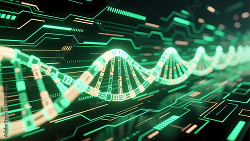 Glowing green DNA strands twist through a futuristic digital world, showcasing the intersection of biology and technology. A stunning display of science unfolds, sparking curiosity Generative AI