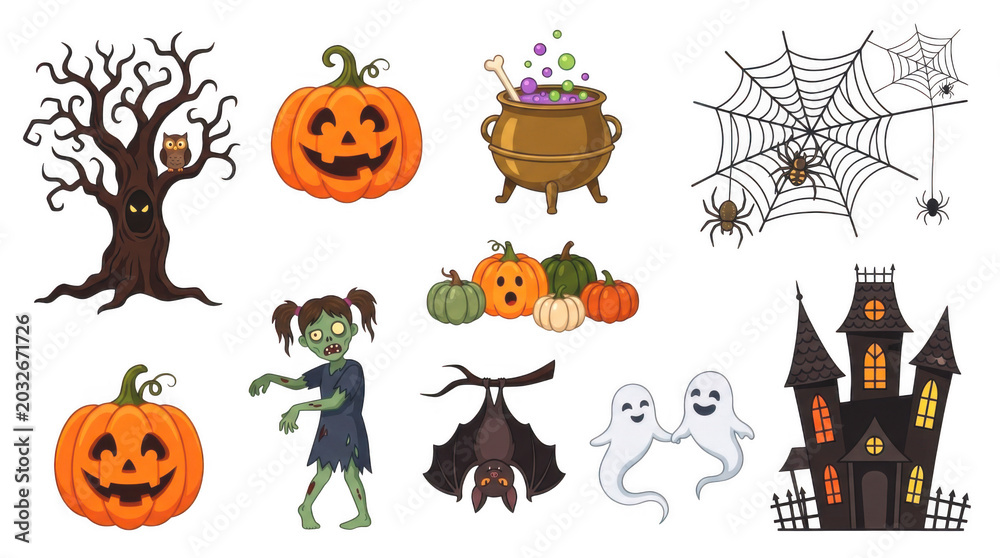 Obraz premium Pixel art halloween icon set with ghost zombie and pumpkin isolated on transparent background