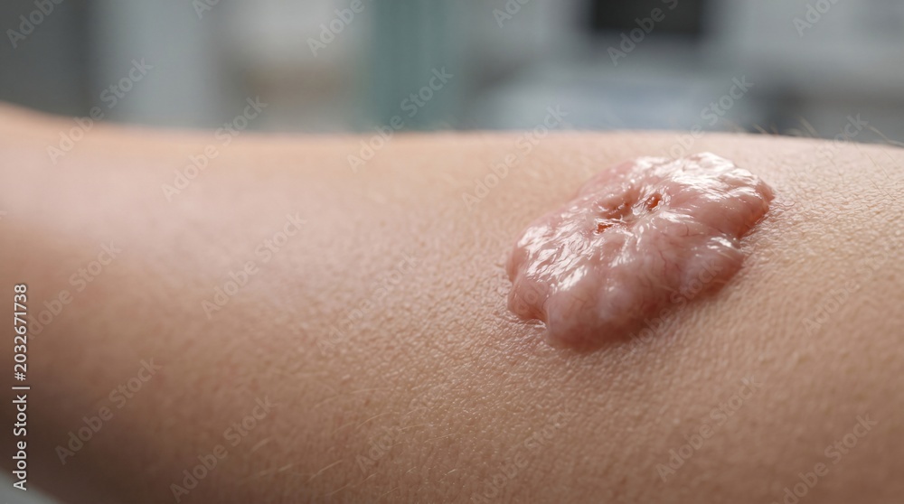 Fototapeta premium Close up of a raised keloid scar on human skin Medical Dermatology Health