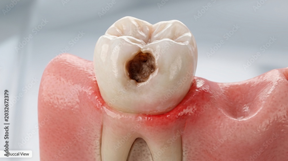 Fototapeta premium Close up view of a human molar tooth showing decay and inflamed gums cavity