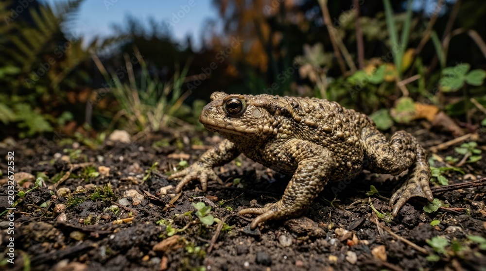 Obraz premium A toad on a patch of dirt with green foliage in the background.