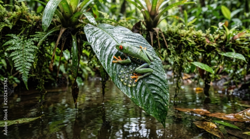 Fototapeta premium A red-eyed tree frog perched on a leaf in a lush, green jungle. The frog's vibrant green color contrasts with the lush green foliage. 