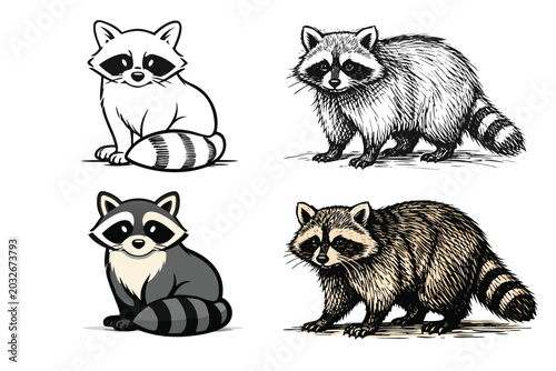 Collection of four hand-drawn raccoon illustrations in diverse graphic styles featuring minimalist line art, detailed vintage sketches, flat cartoon mascots, and realistic color engravings.