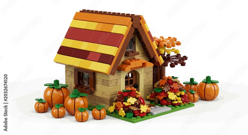 Obraz premium Autumnal lego house model with pumpkins and colorful leaves against white