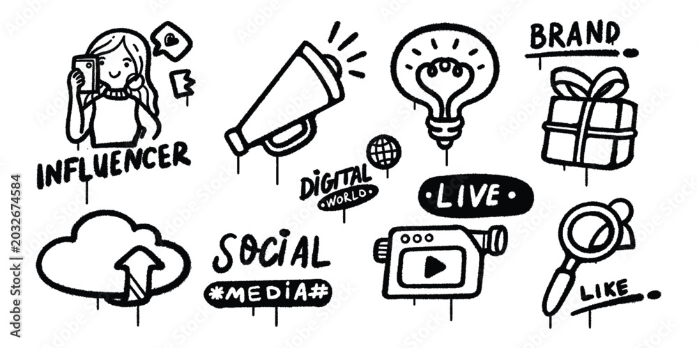 Fototapeta premium Set of graffiti spray Creative Symbols Digital World Social Media and Promotion vector illustration