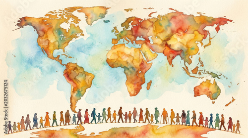 A colorful watercolor map of the world with diverse silhouettes of people walking together, symbolizing unity and diversity.