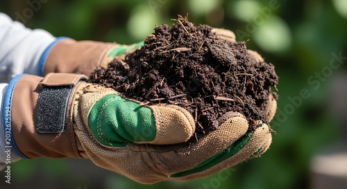 Hands wearing gardening gloves holding a rich pile of dark soil with gardening