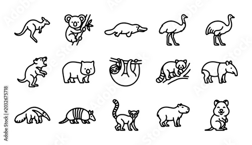 Foto Australian Wildlife Icons: Kangaroo, Koala, Platypus, Emu, Wombat, Sloth, Tapir,