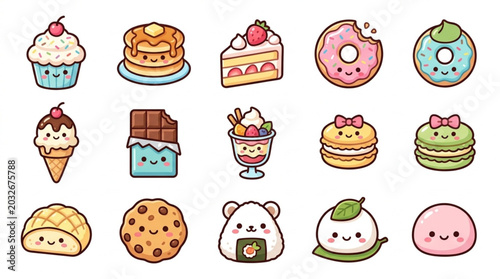 Cute Kawaii Food Desserts Collection Vector Illustration.