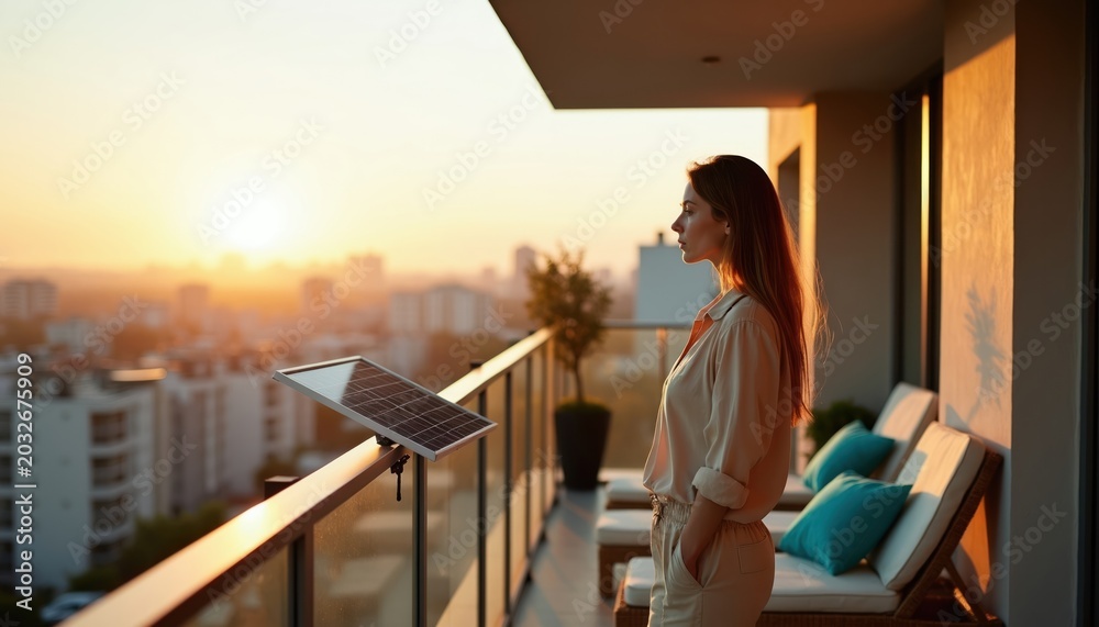Fototapeta premium Woman on city apartment balcony at sunset near small solar panel. She looks at cityscape thinking about clean energy future and sustainable living. This residential scene shows urban ecology.