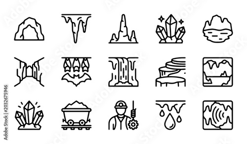 Schilderij op canvas Cave Icons Set: Geology, Mining, Crystals, Stalactites, Stalagmites, Underground