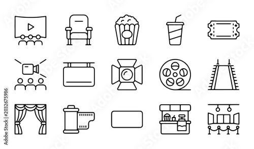 Foto Cinema Icons Set: Movie Theater, Popcorn, Ticket, Film Reel, Spotlight Vector Gr