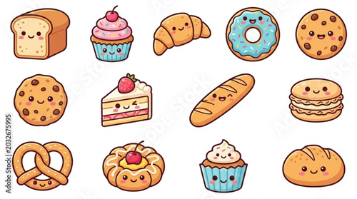 Photos Cute Kawaii Baked Goods Collection Vector Illustration.