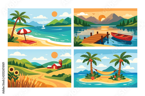 Set of Four Flat Vector Summer Landscape Illustrations Featuring Tropical Beach with Palm Trees, Peaceful Mountain Lake at Sunset with Canoe and Pier, Rural Farm Countryside, and Tropical Island