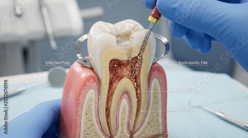 Detailed cross section of a human tooth demonstrating root canal procedure with infected pulp and endodontic file