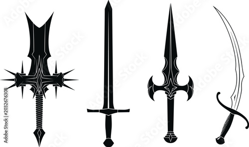 Foto Collection of fantasy and medieval sword illustrations featuring jagged blade, c