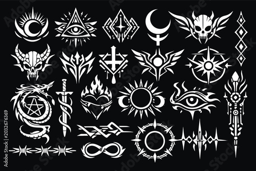 Neo-Tribal Cybersigilism Vector Set with Gothic and Futuristic Linework, Occult Tattoo Core Symbols, Dark Aesthetic Graphic Elements including Skulls, Eyes, Swords, and Abstract Geometric Designs.