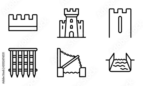 Tableau sur toile Medieval Castle Icons, Fortress Elements, Siege Weapons, Defensive Structures, V